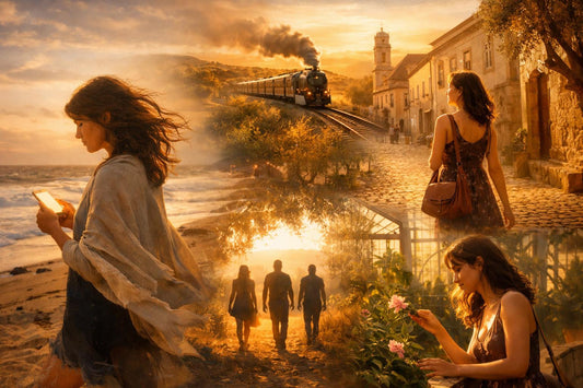 Dromerige collage van een sensuele vrouw op reis: wandelend door zonovergoten straatjes, wachtend bij een romantische trein, turend naar haar telefoon aan zee en genietend van intieme momenten in de natuur, vol verlangen, mysterie en erotische spanning.