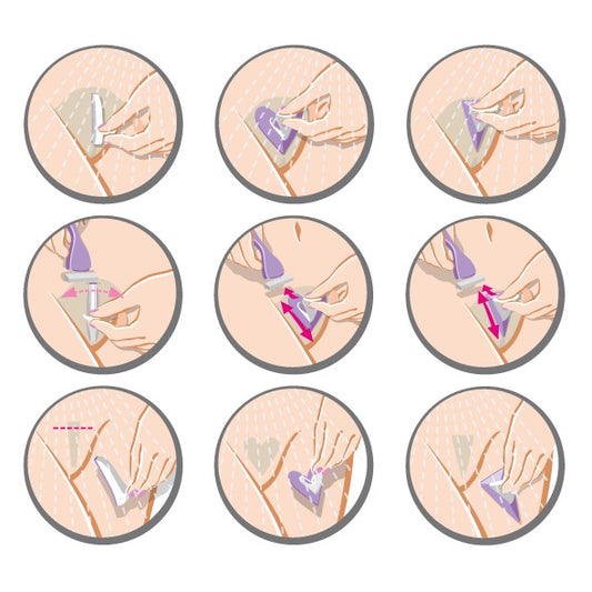 Verpakking en inhoud van De Paarse Keizerin schaamhaar sjabloon hart variant