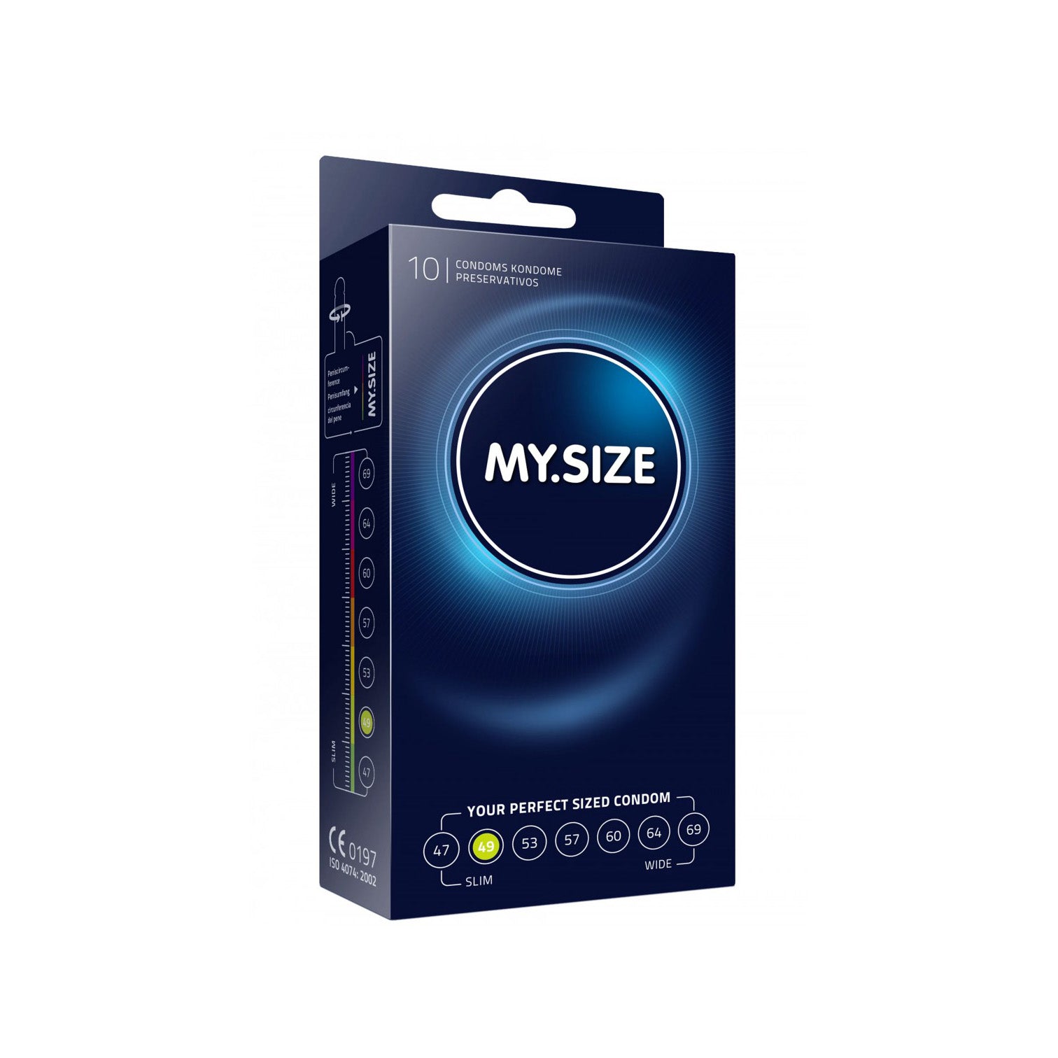 MY.SIZE condooms maat 49 in verpakking van 10 stuks van merk De Paarse Keizerin op witte achtergrond