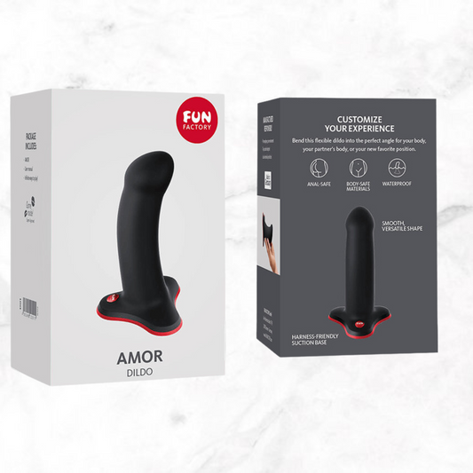 Fun Factory Amor dildo in zwarte uitvoering met verpakking en productinformatie