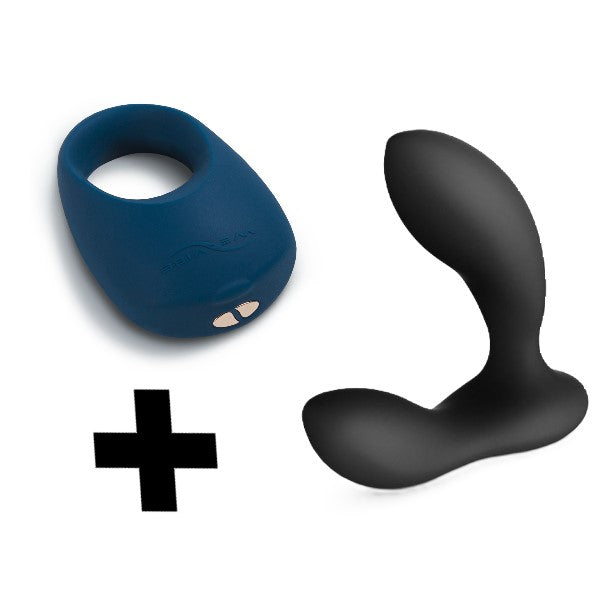 Combi-aanbieding: blauwgroene siliconen cockring en zwarte prostaatvibrator met plusteken