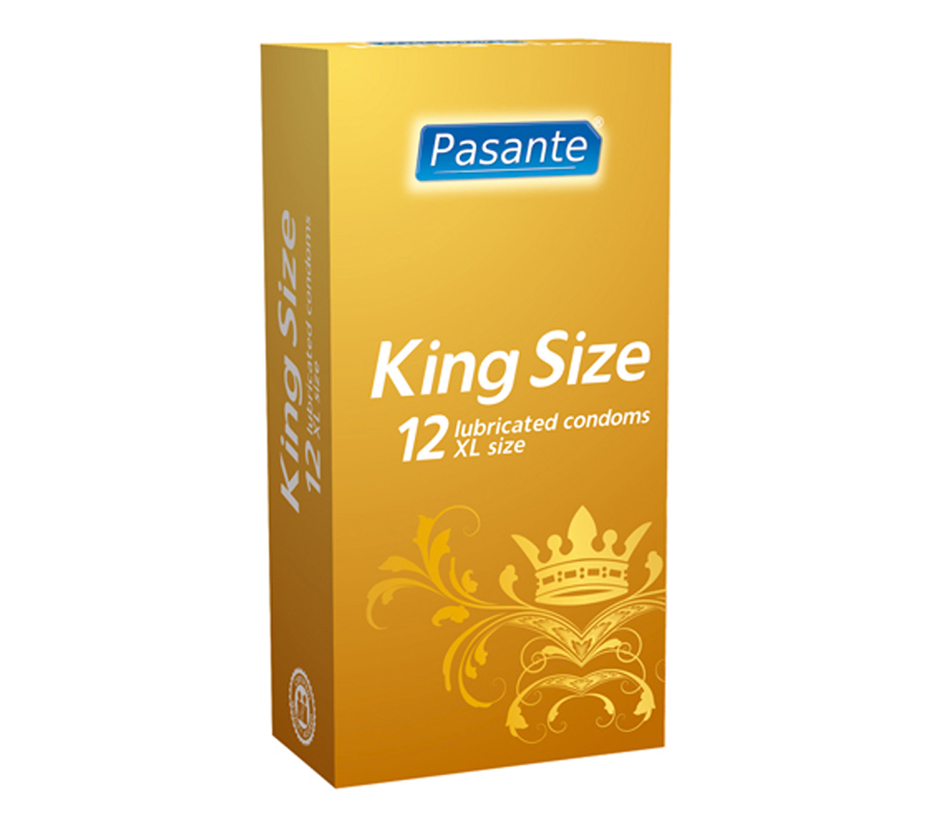 Pasante King Size condooms verpakking van 12 stuks van De Paarse Keizerin op witte achtergrond