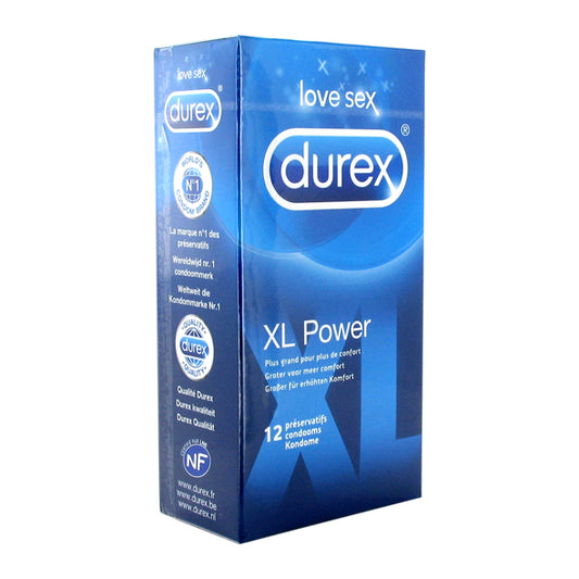 Durex Comfort XL Power condooms, donkerblauwe doos met 12 stuks, 'love sex' opschrift.