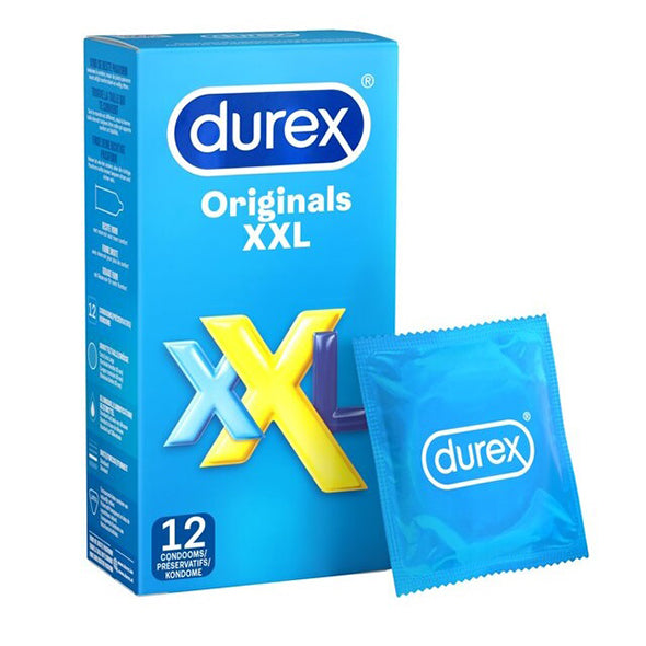 Durex Comfort XL condooms, blauwe doos met 12 stuks en blauw verpakt condoom ernaast.