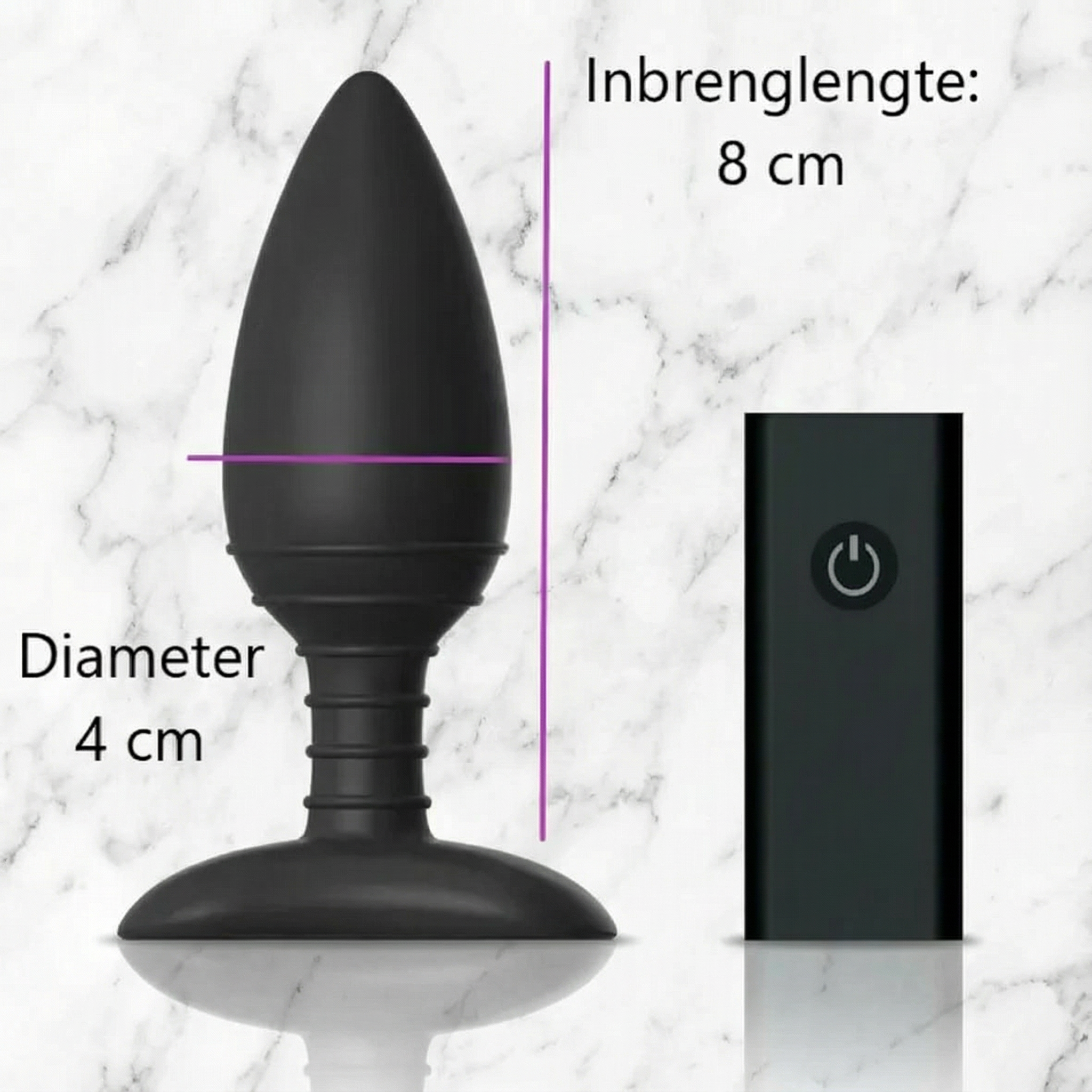 Zijaanzicht van paarse medium buttplug met bijbehorende afstandsbediening voor draadloze bediening