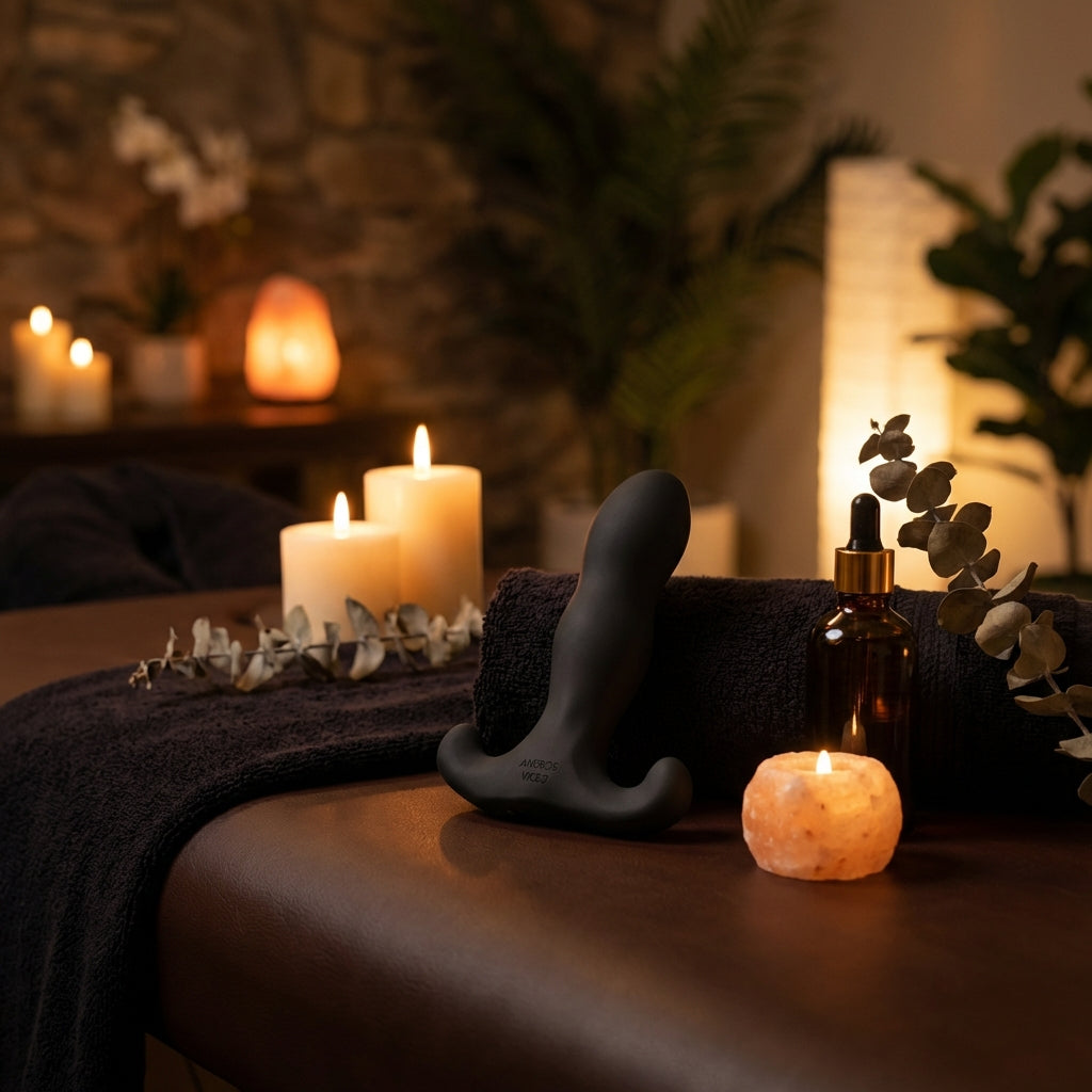 Aneros Vice 2 in sfeervolle setting met kaarslicht, elegant zwart siliconen design