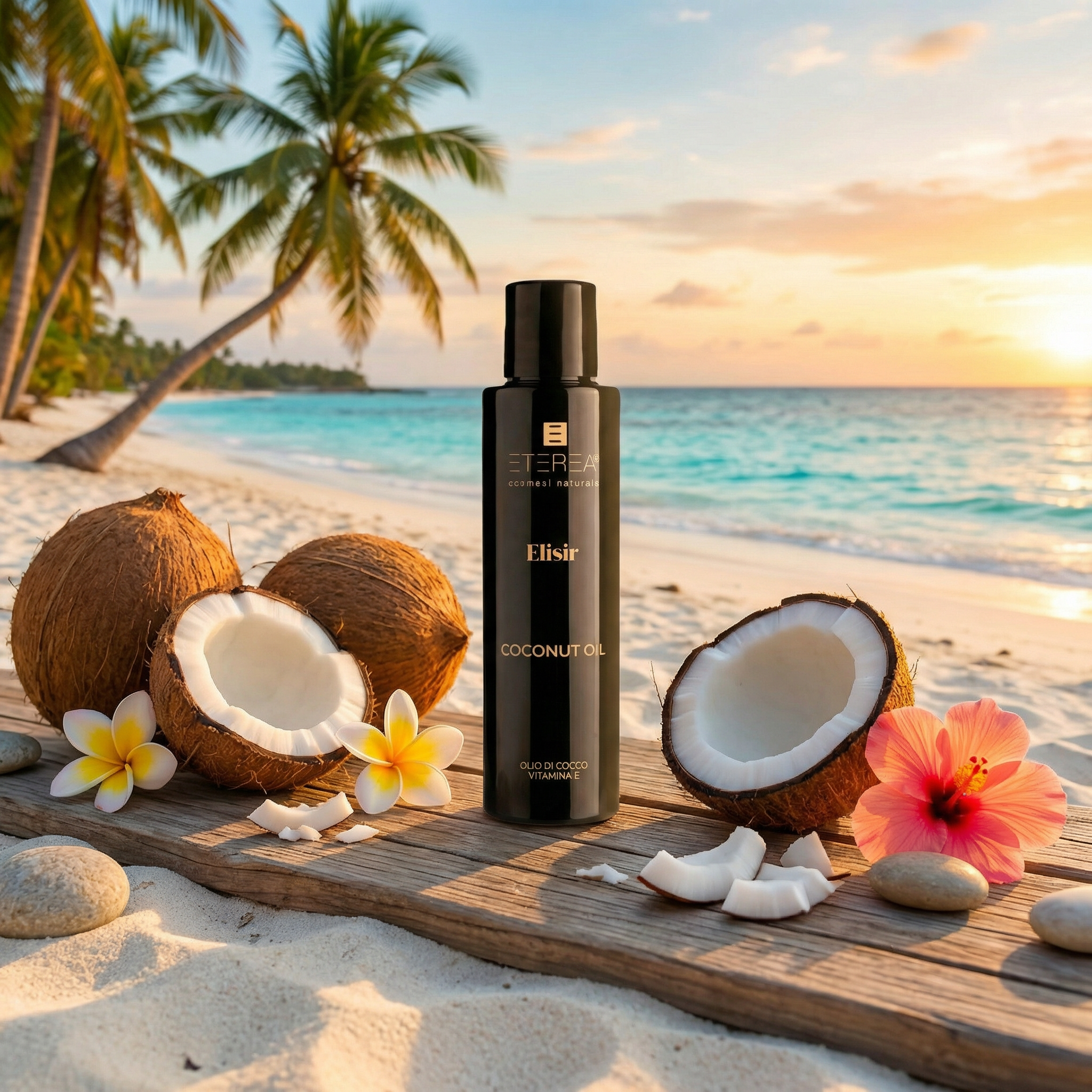 Close-up van Eterea kokos massage olie met natuurlijke ingrediënten label en transparante fles