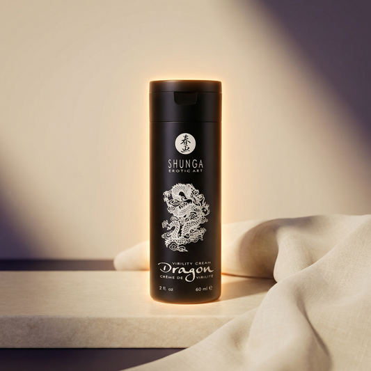Close-up van Shunga Dragon crème tube met doseerknop en elegante zwart-gouden vormgeving