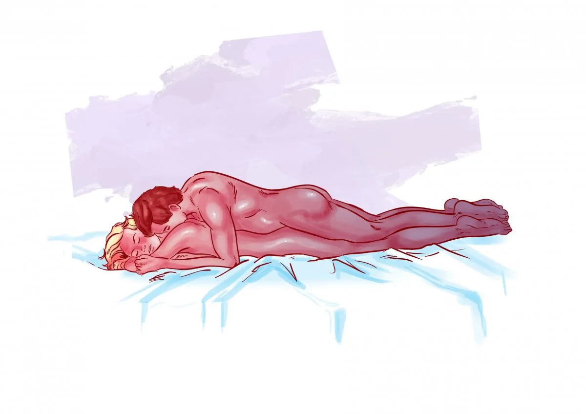 Illustratie van missionarishouding met intens lichaamscontact en koppel liggend op buik in aquarel stijl