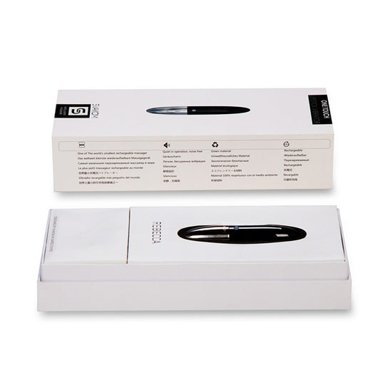 Witte Svakom verpakking geopend en gesloten met zwarte Rebecca lipstick vibrator zichtbaar