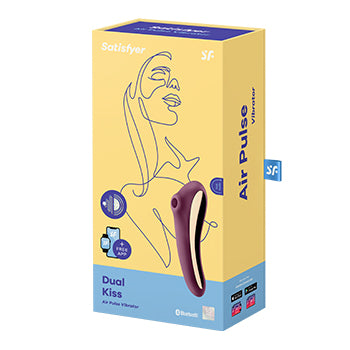 Gele verpakking van Satisfyer Dual Kiss Air Pulse Vibrator met productafbeelding en app-vermelding