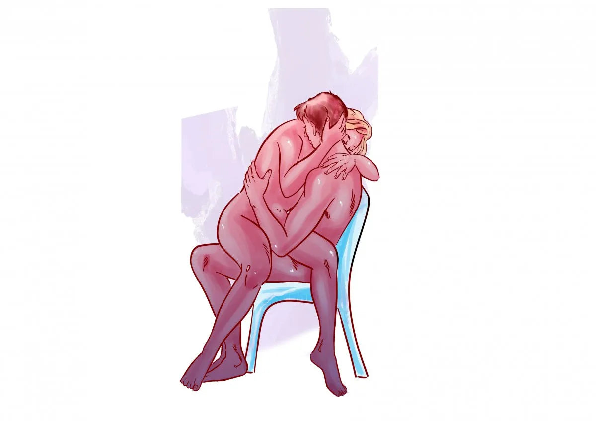 Illustratie van zittend standje op stoel met intiem koppel in omhelzing en vrouw op schoot in aquarel stijl