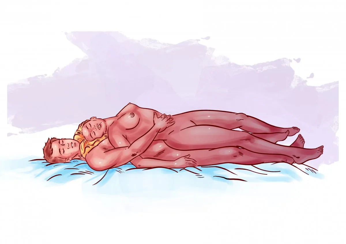 Illustratie van lepeltje-lepeltje standje voor intiem koppel liggend op zij in bed met aquarel achtergrond