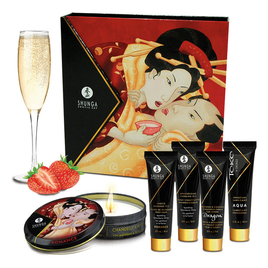 Shunga giftbox van De Paarse Keizerin met romantische producten voor een sprankelend weekend